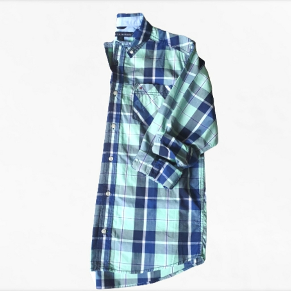 Tommy Hilfiger Mint Green & Navy Plaid Button-Up 100% Cotton Polo Big Boy Lg - Picture 7 of 10